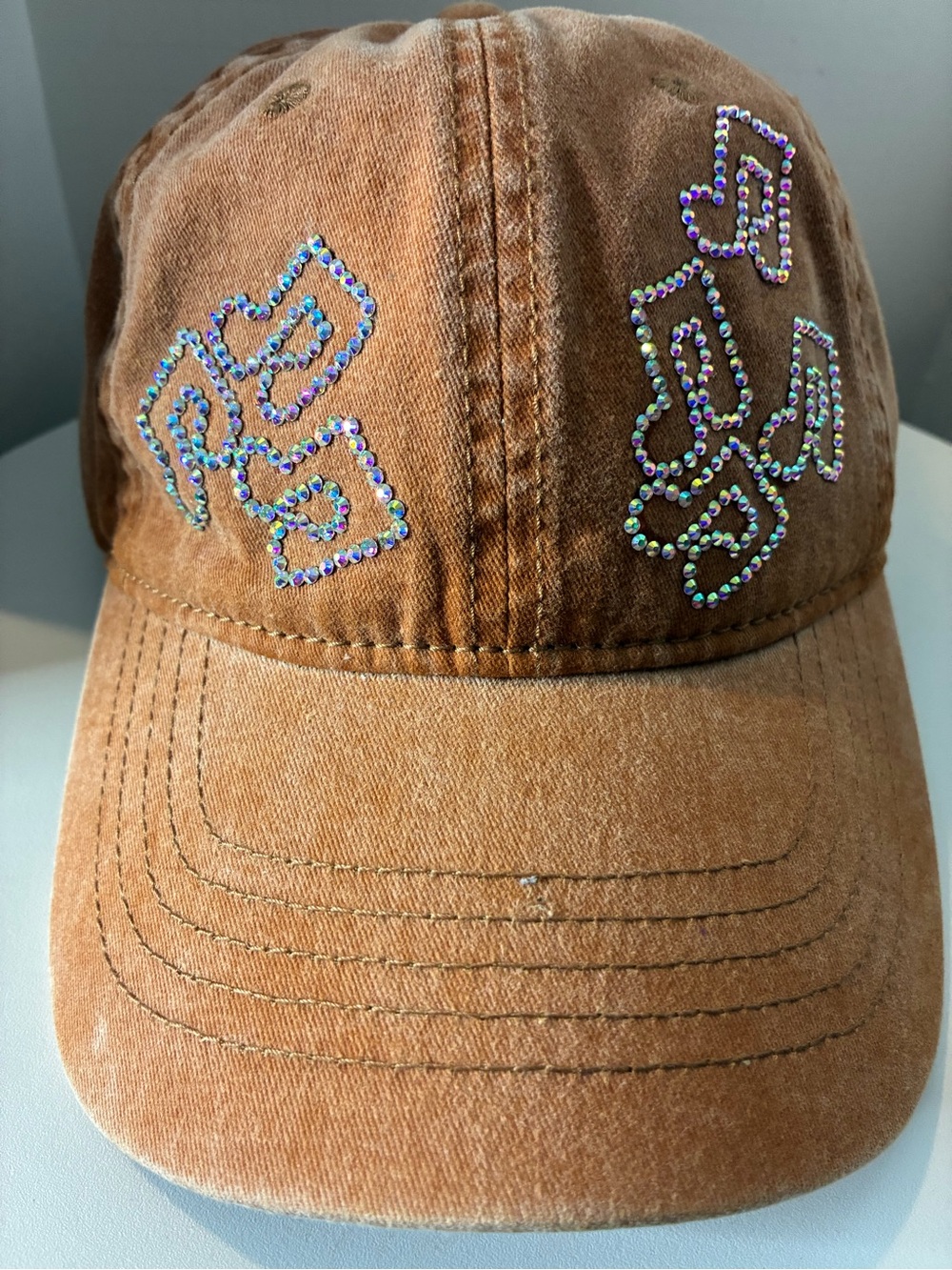 Women Orange washed Rhinestone Cap
